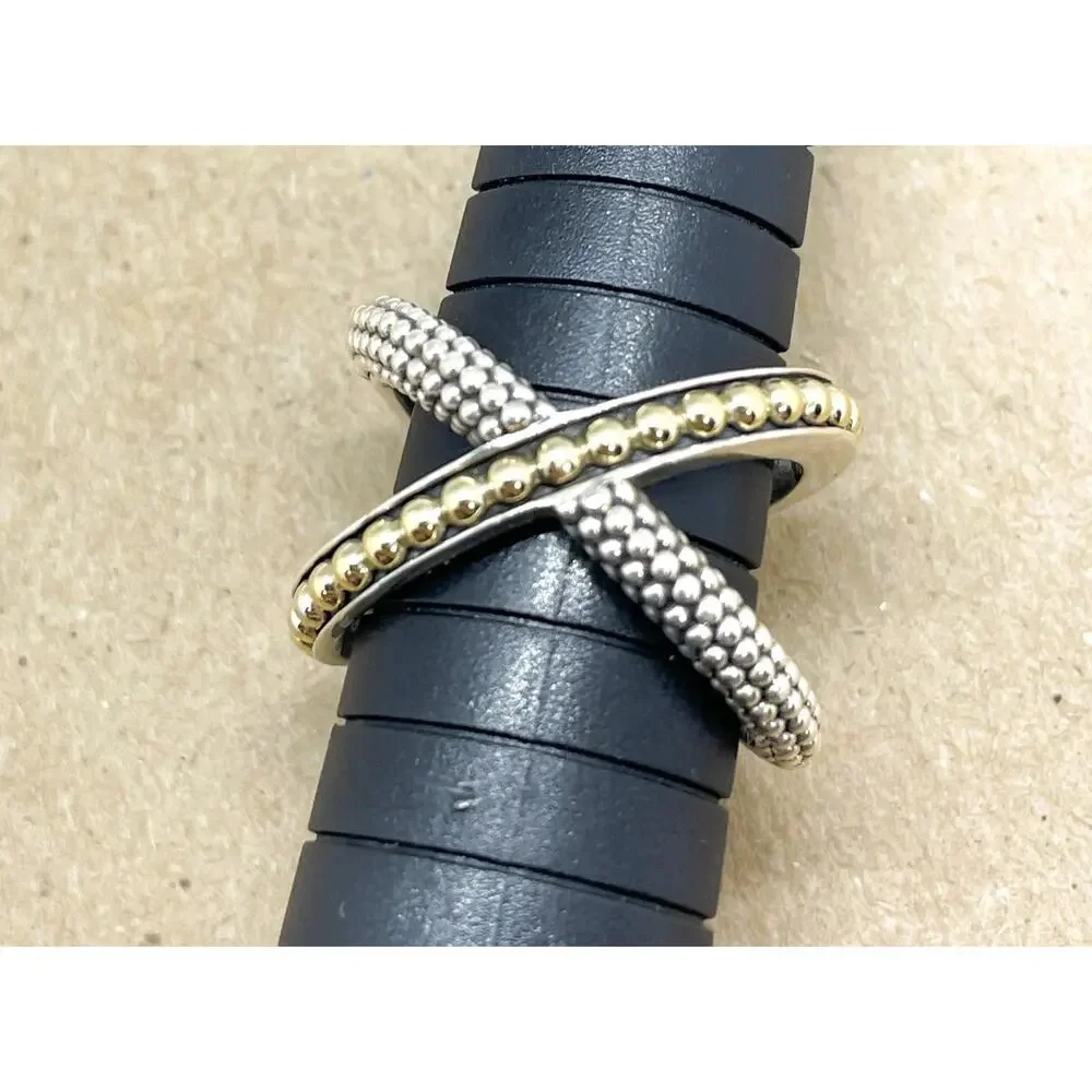 LAGOS KSL Two-Tone X Beaded Ring Sterling Silver & 18K Yellow Gold Size 7